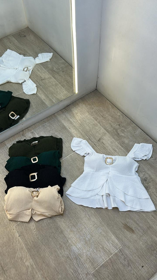 Ribbed Peplum Buckle Top